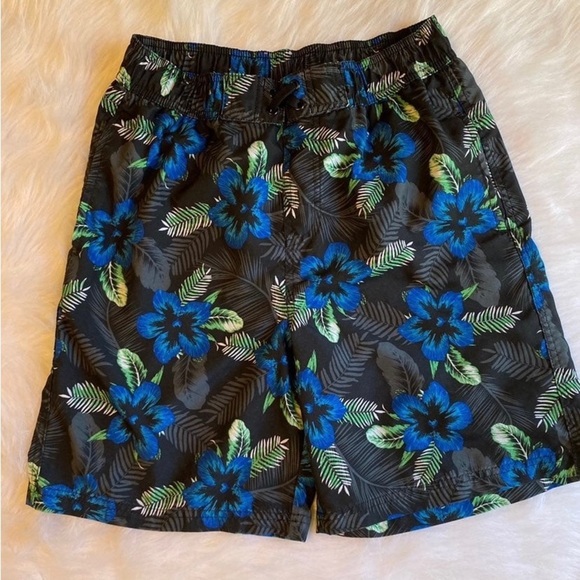Revolution Swim Trunks Boys Size XL Swimsuit Black Blue Tropical Floral Print - Picture 1 of 7